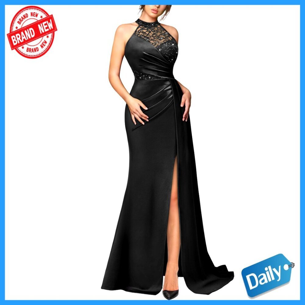 Sequin Lace Satin Halter Maxi Dress Ruched High Split Formal Evening Party